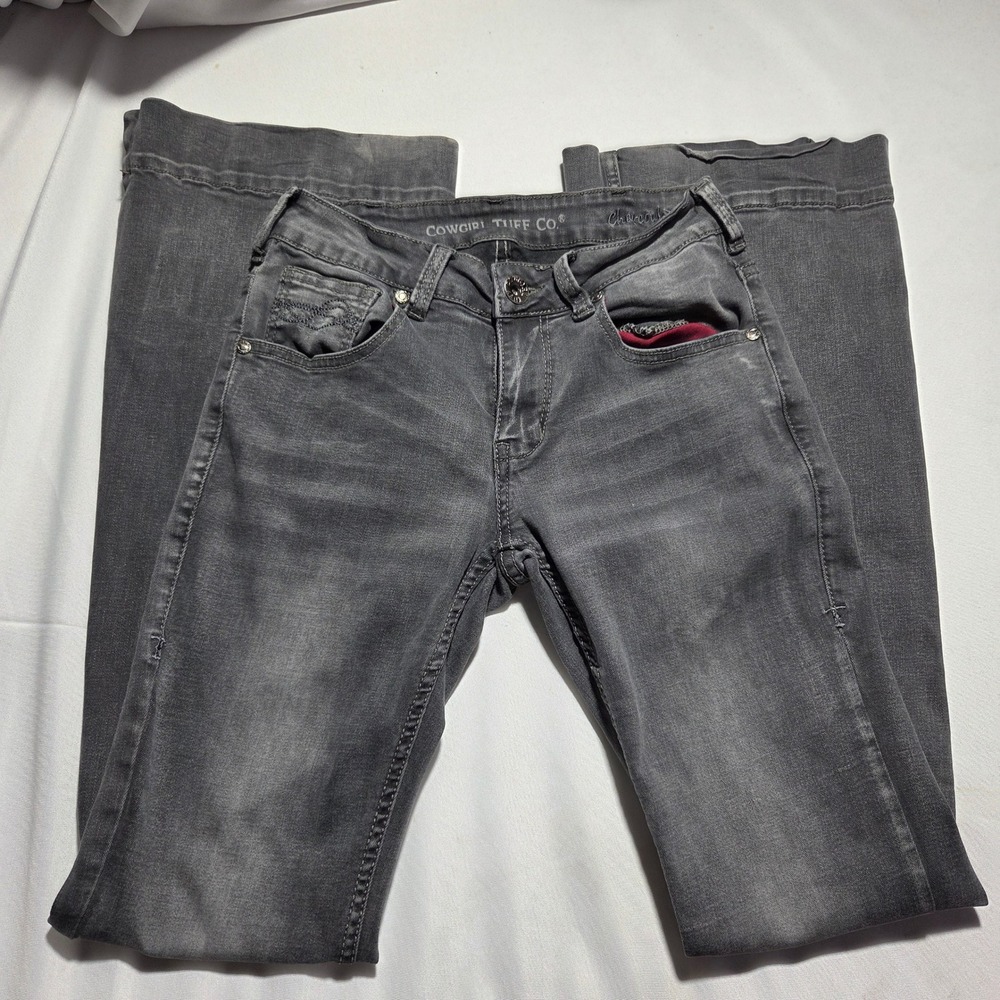 Cowgirl Tuff Co Charcoal Gray Bootcut Flare Western Jeans W27 L33 Embroidered - Picture 2 of 8